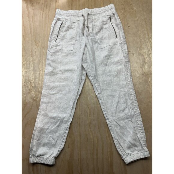Athleta Cabo Linen Jogger Women's 10 White Animal Print Tapered Leg Drawstring - Picture 1 of 9